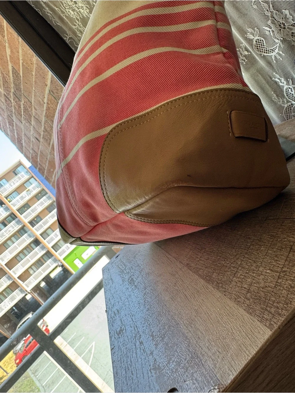 Coach Pink and Cream Canvas Stripe Tote with Tan Leather Trim